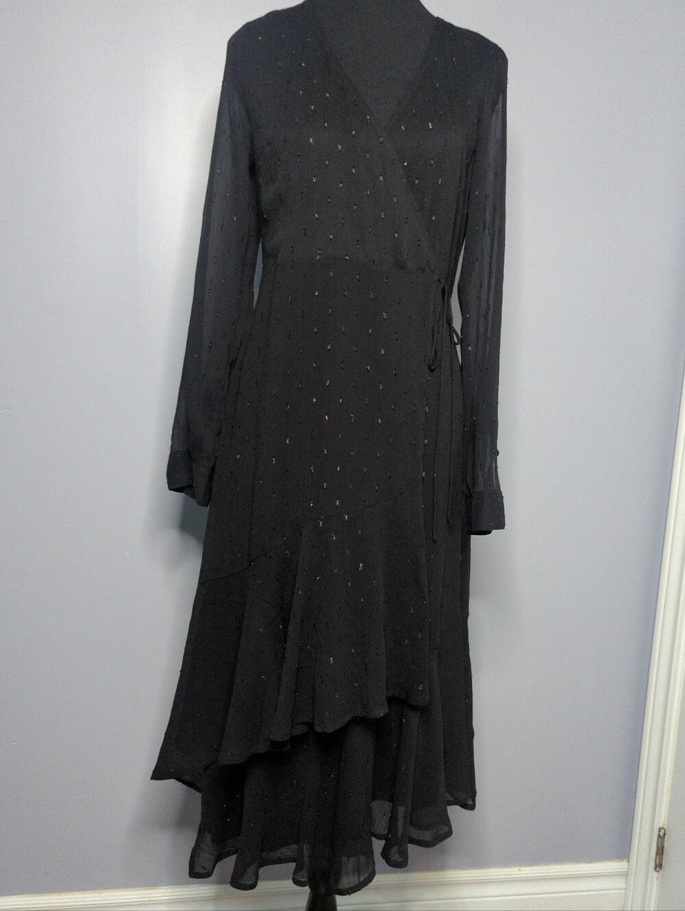 EXPRESS Black Metallic Clip-Dot High-Low Wrap Midi Dress - Sheer Long Sleeve S